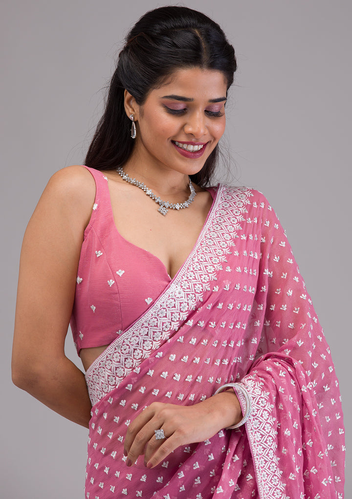 Onion Pink Threadwork Georgette Saree