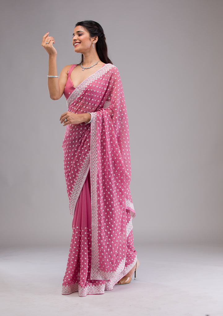 Onion Pink Threadwork Georgette Saree