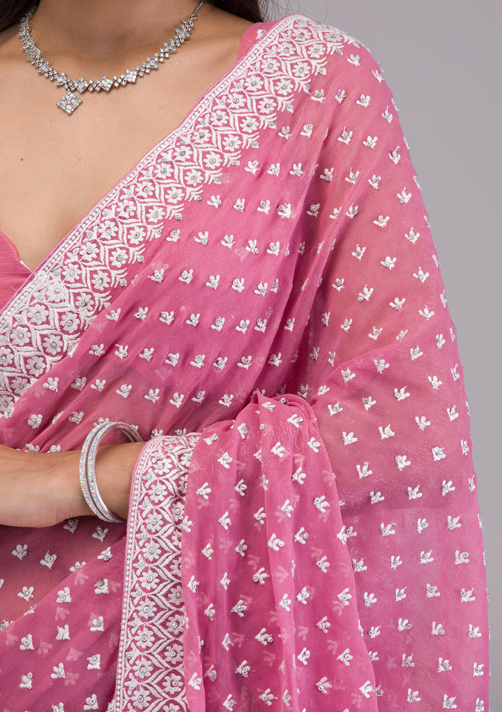 Onion Pink Threadwork Georgette Saree