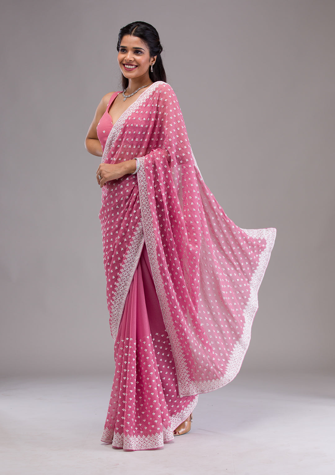 Onion Pink Threadwork Georgette Saree