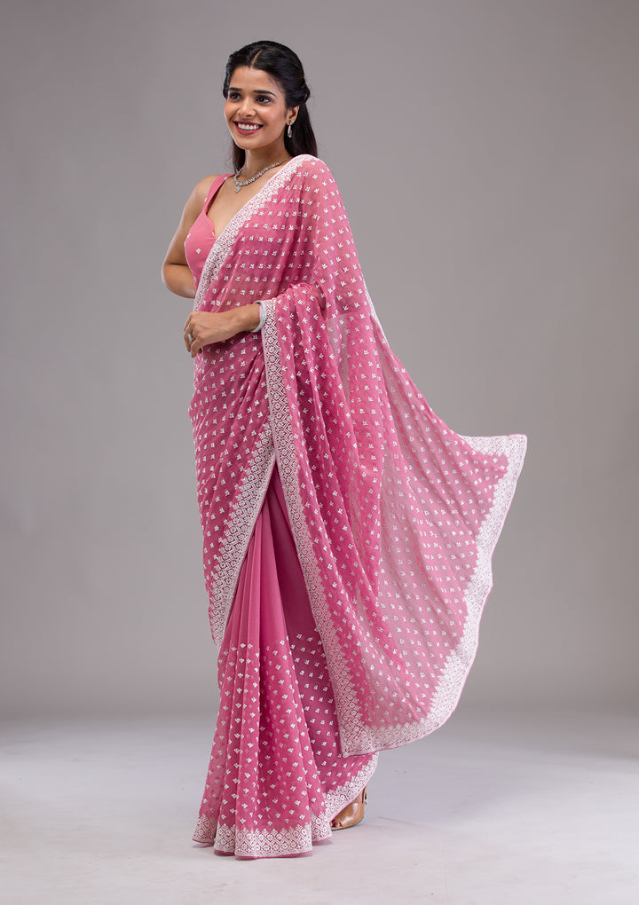 Onion Pink Threadwork Georgette Saree