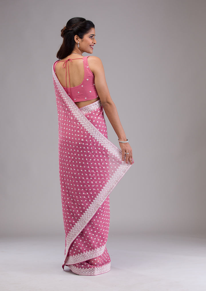 Onion Pink Threadwork Georgette Saree