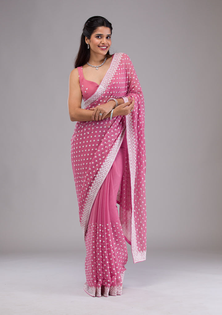 Onion Pink Threadwork Georgette Saree