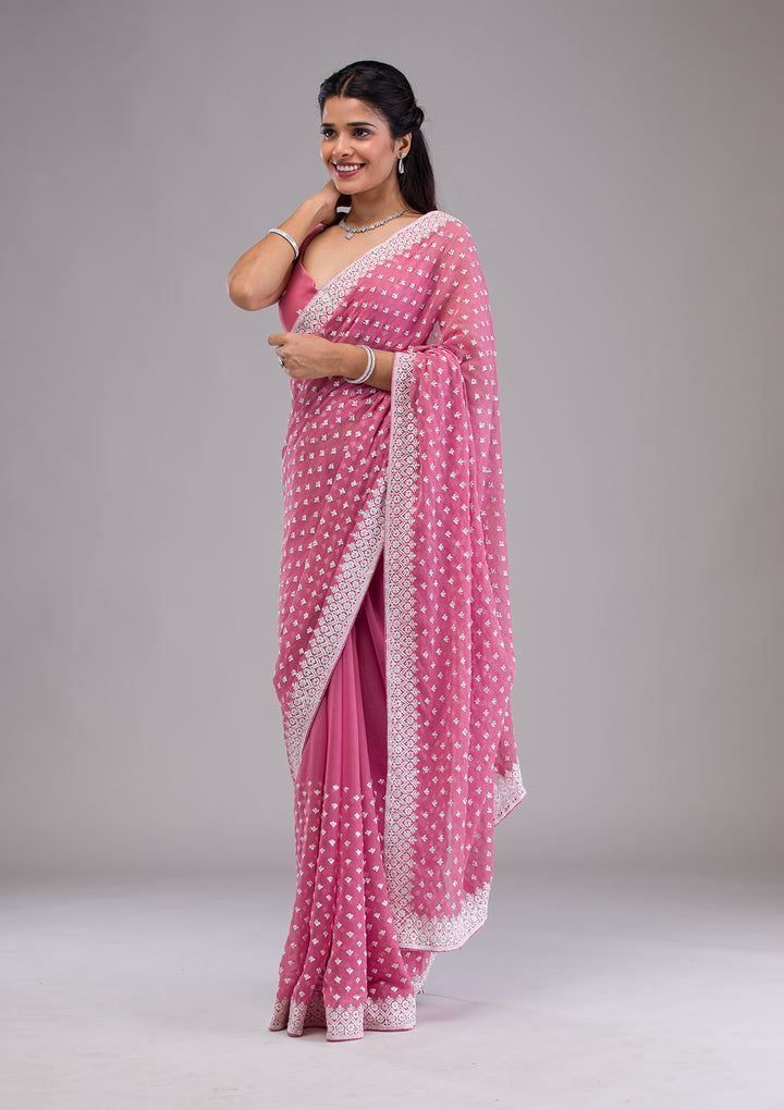Onion Pink Threadwork Georgette Saree