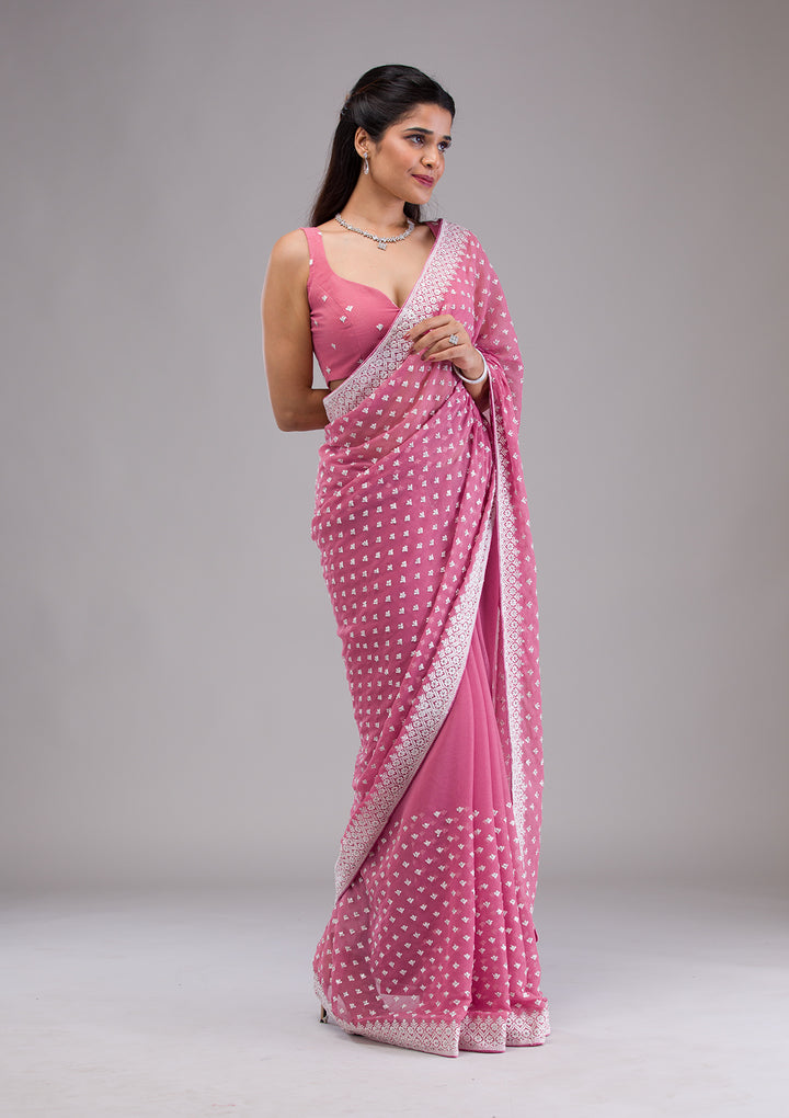 Onion Pink Threadwork Georgette Saree