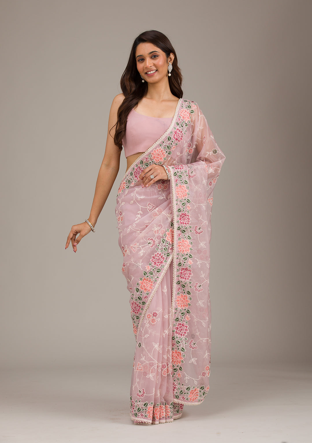 Onion Pink Threadwork Organza Saree