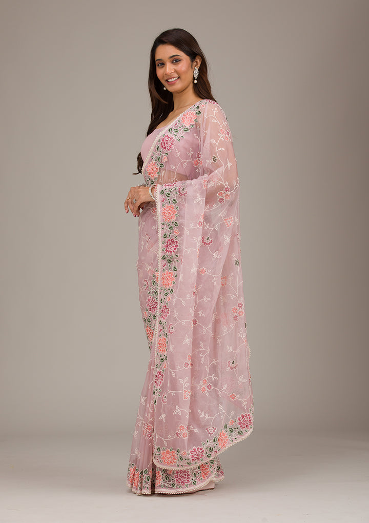 Onion Pink Threadwork Organza Saree