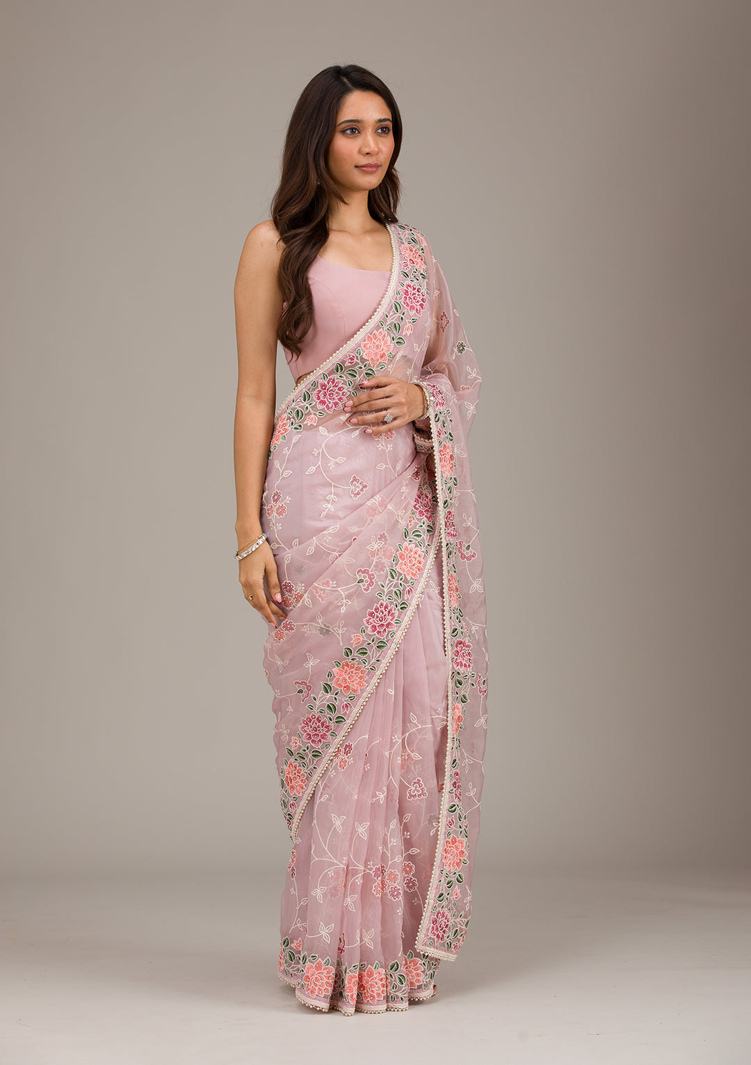 Onion Pink Threadwork Organza Saree