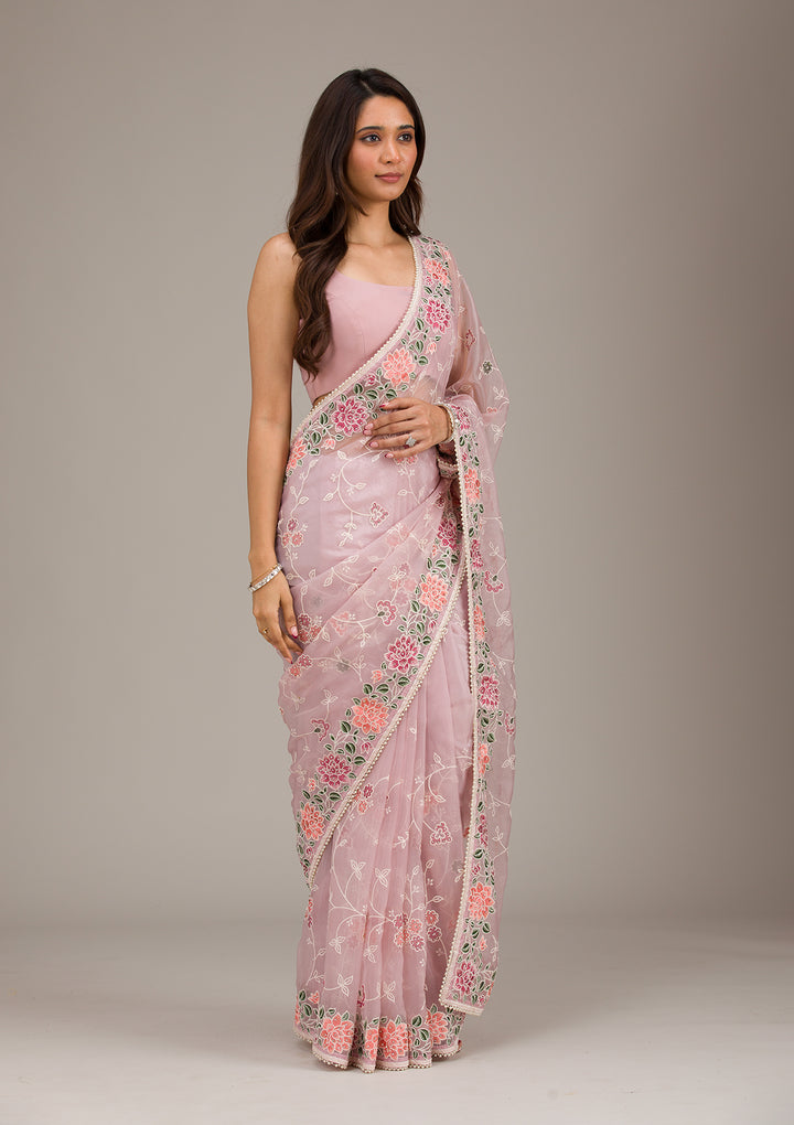Onion Pink Threadwork Organza Saree