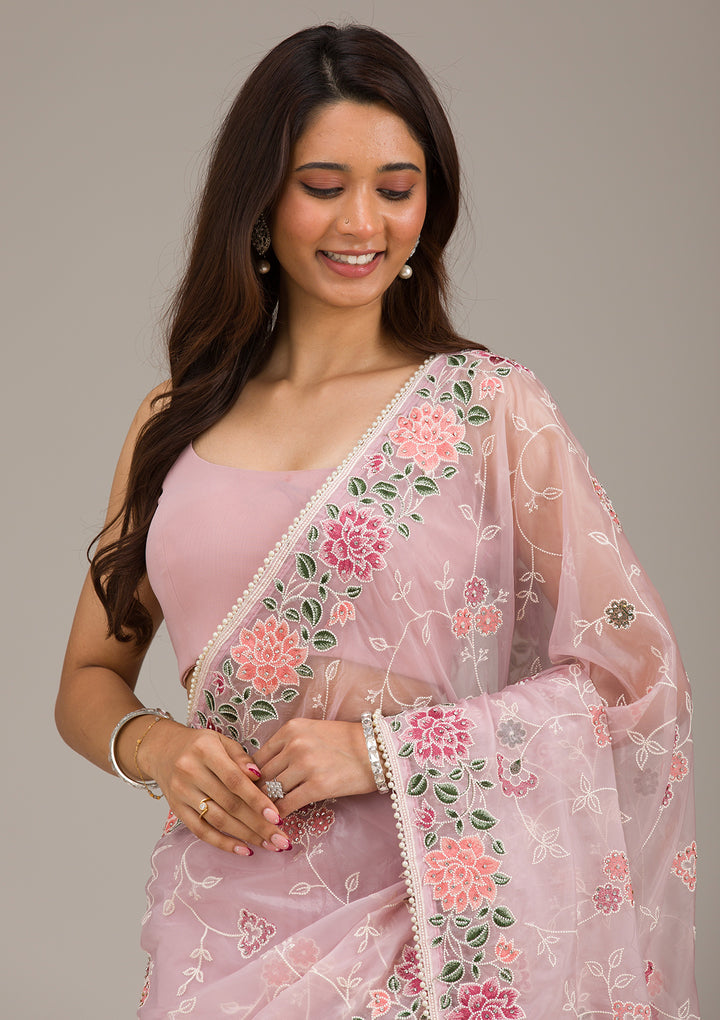 Onion Pink Threadwork Organza Saree