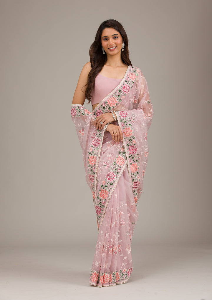 Onion Pink Threadwork Organza Saree