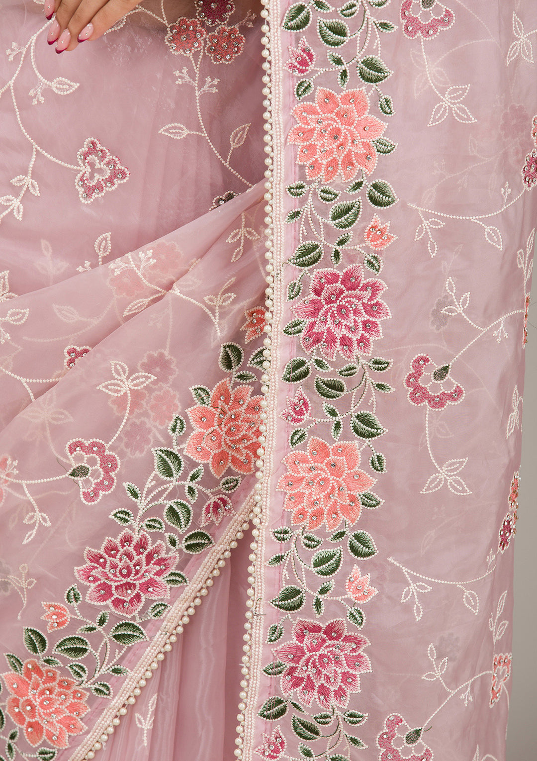 Onion Pink Threadwork Organza Saree