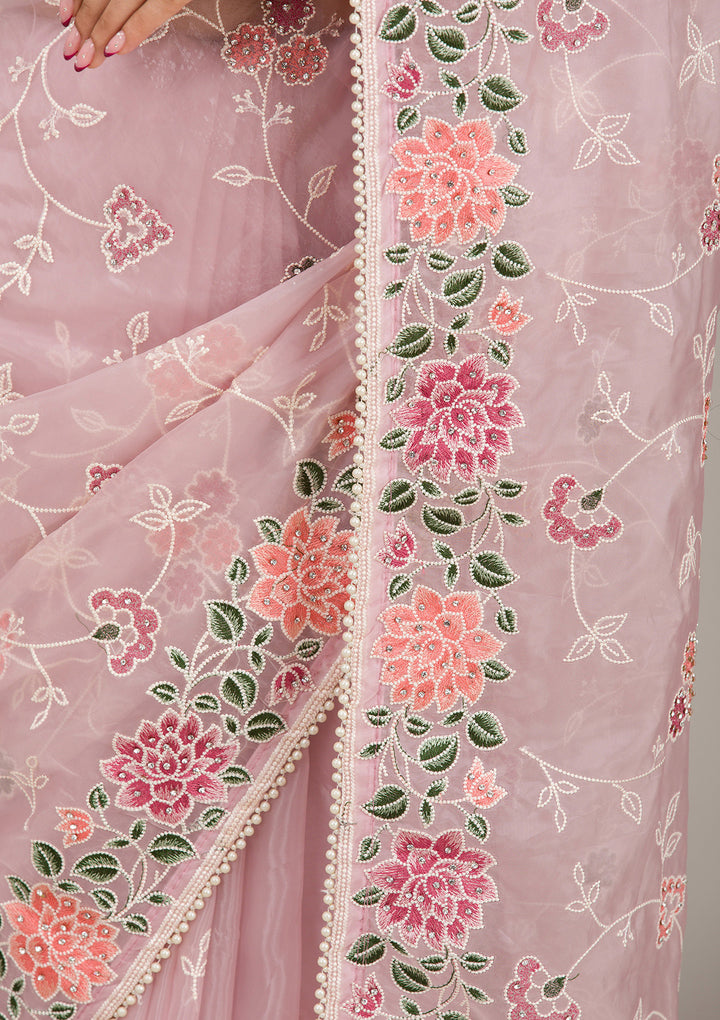 Onion Pink Threadwork Organza Saree