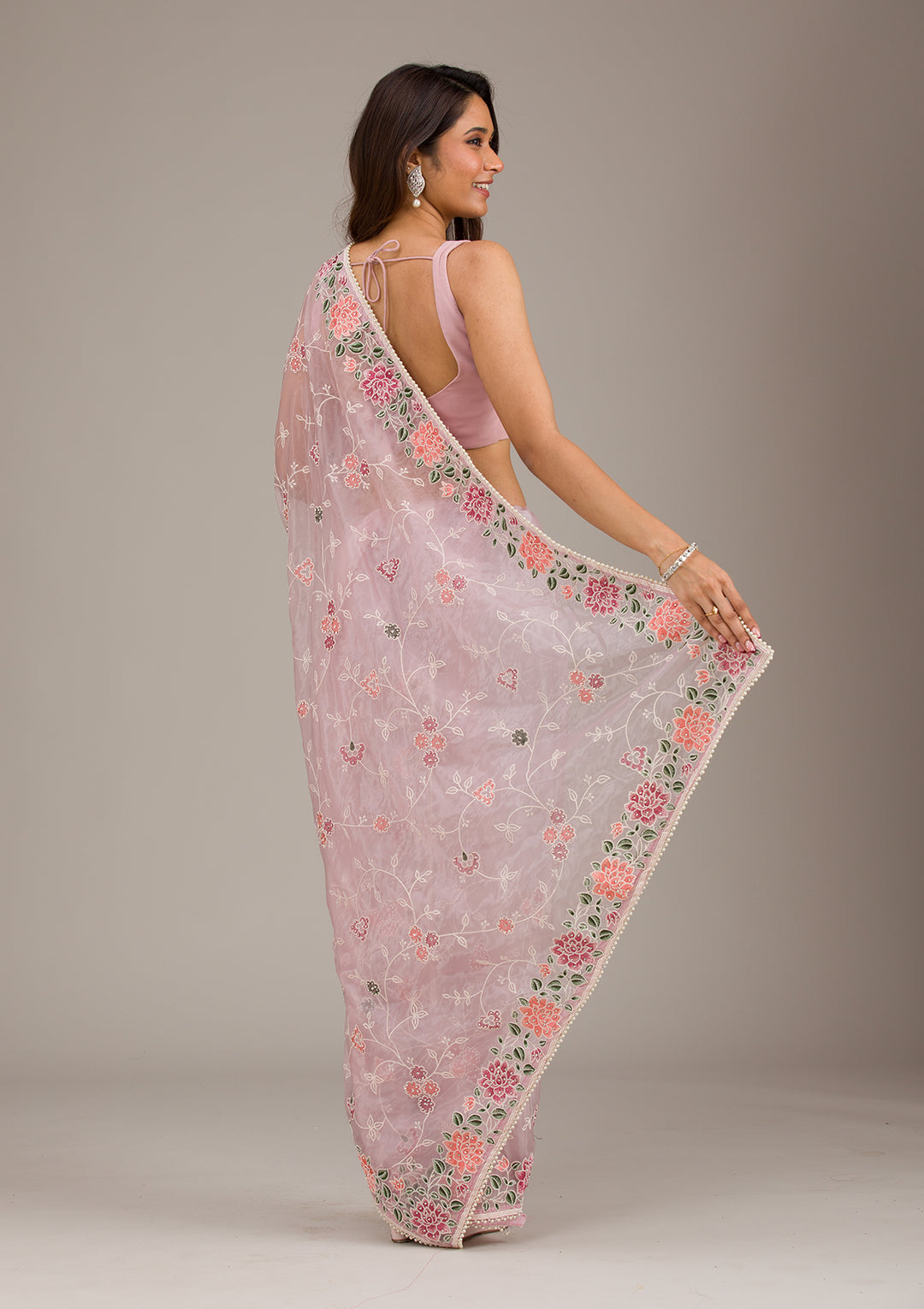 Onion Pink Threadwork Organza Saree