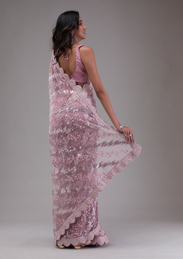 Onion Pink Sequins Net Saree