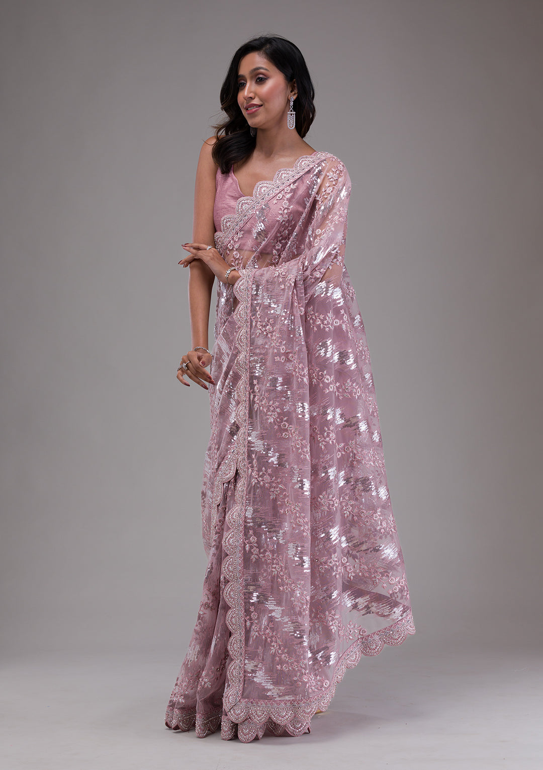 Onion Pink Sequins Net Saree