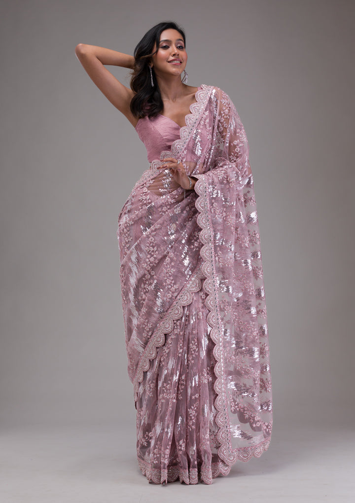 Onion Pink Sequins Net Saree