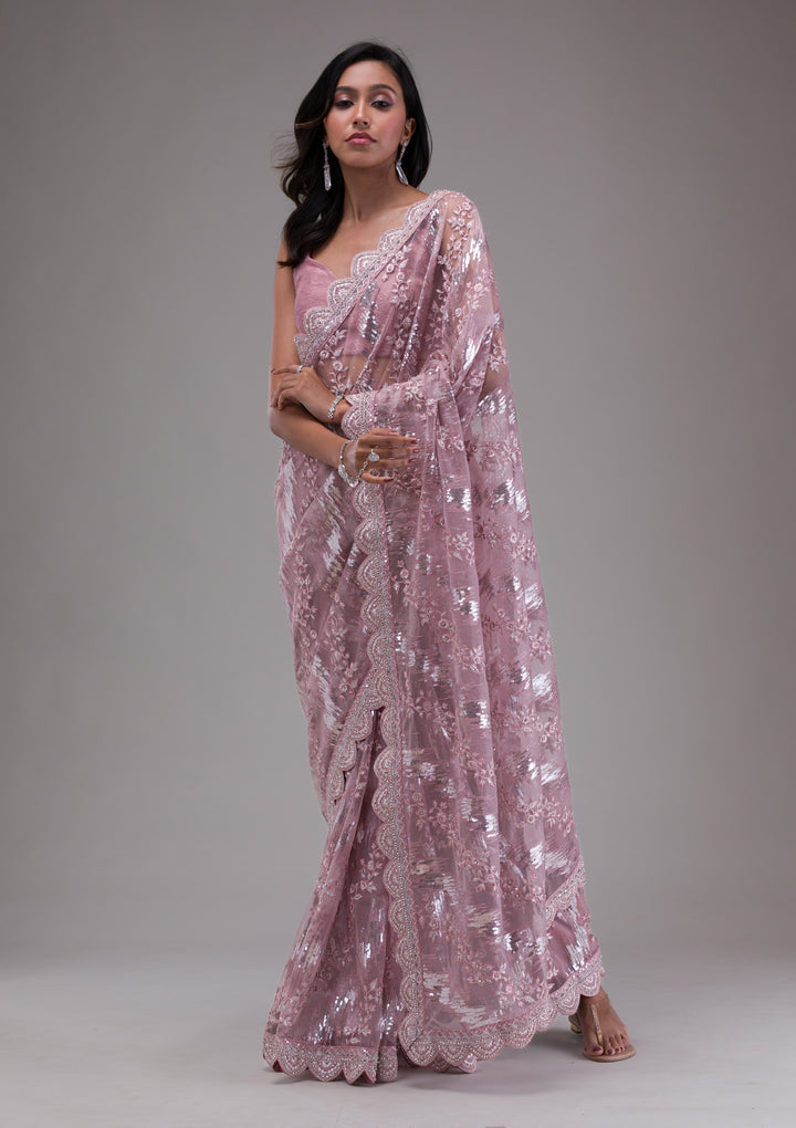 Onion Pink Sequins Net Saree
