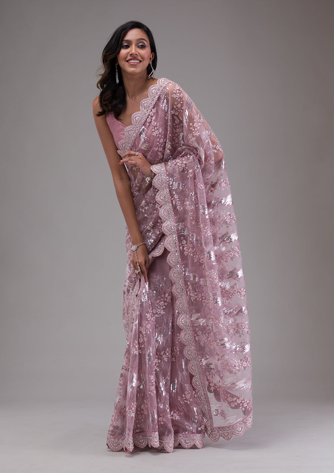 Onion Pink Sequins Net Saree
