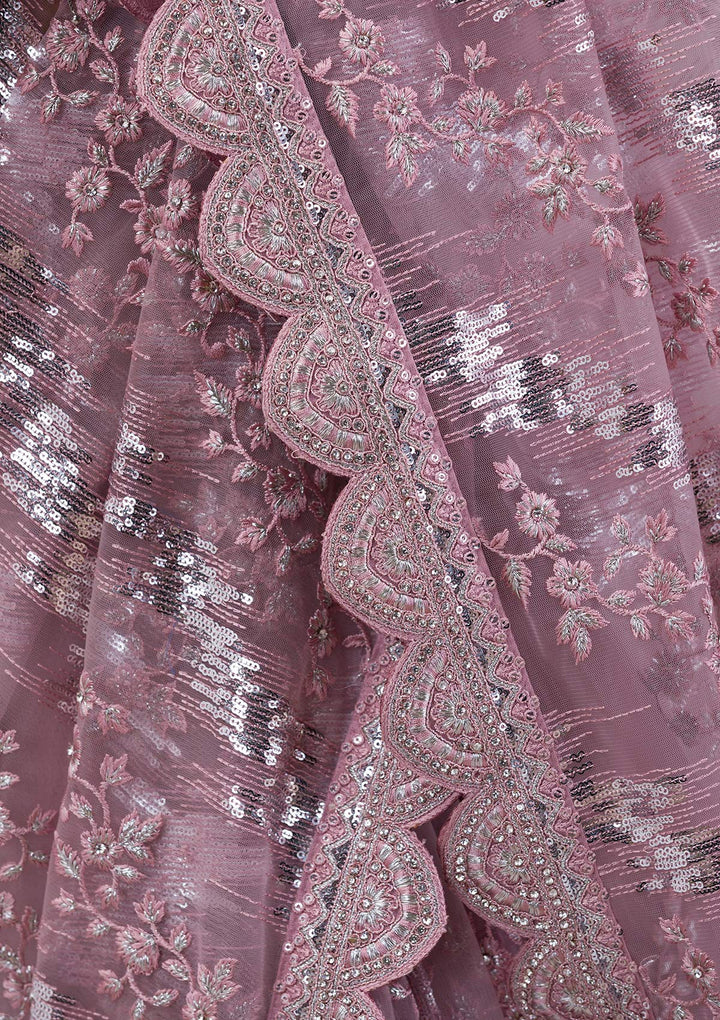 Onion Pink Sequins Net Saree