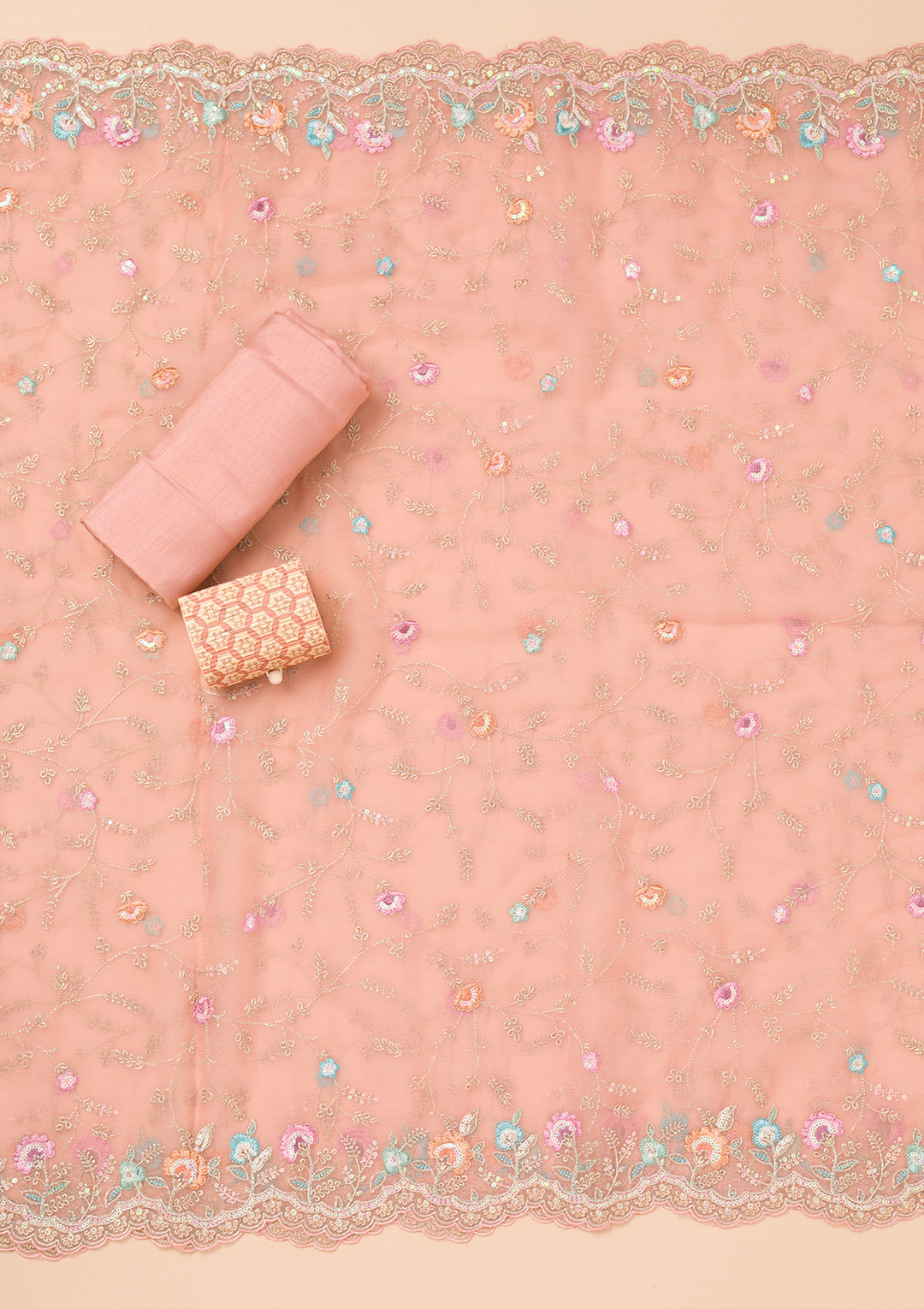 Onion Pink Threadwork Organza Unstitched Salwar Suit