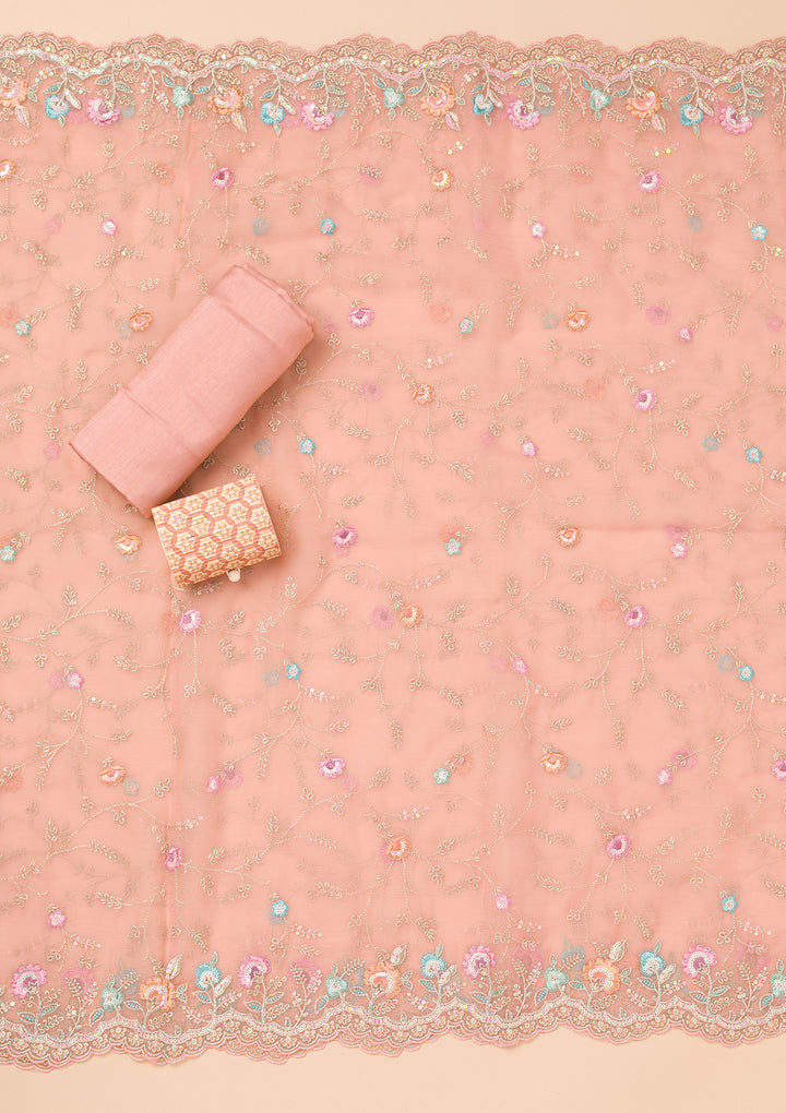 Onion Pink Threadwork Organza Unstitched Salwar Suit