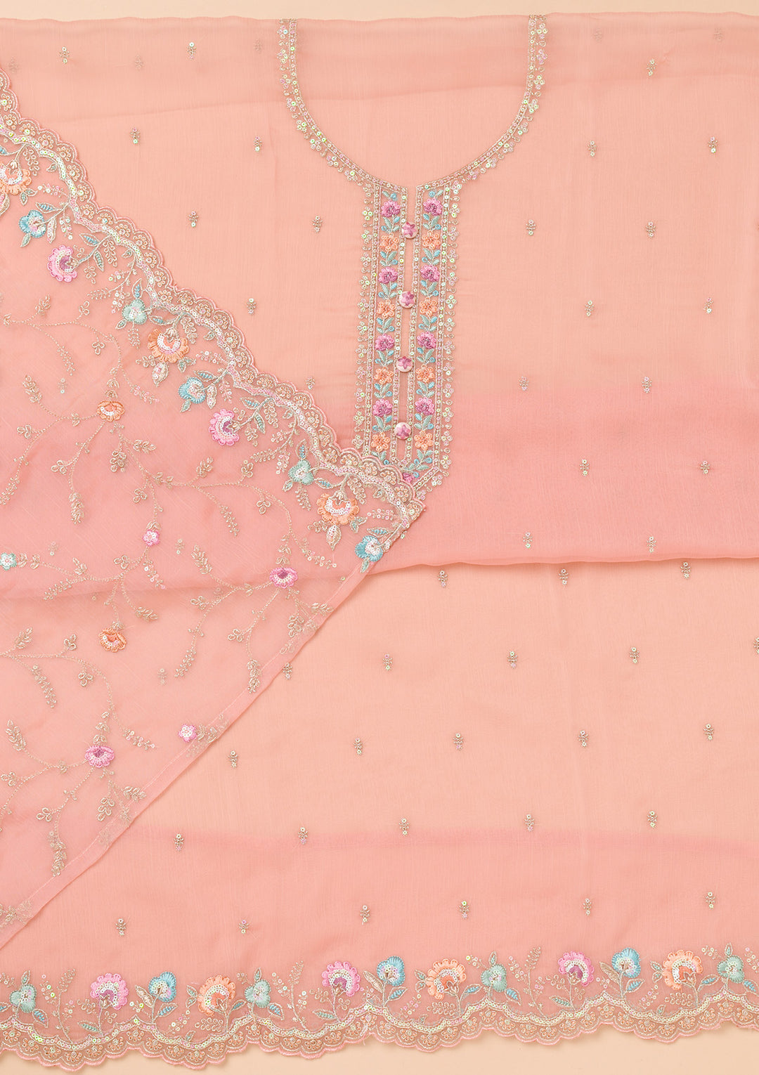 Onion Pink Threadwork Organza Unstitched Salwar Suit