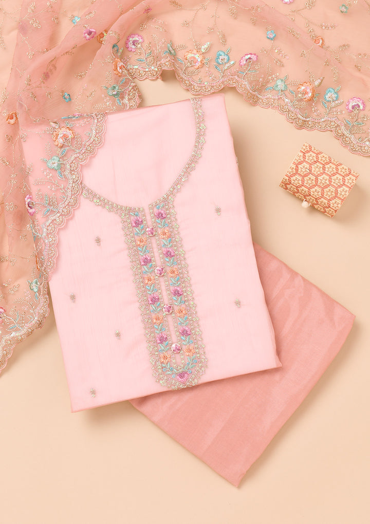 Onion Pink Threadwork Organza Unstitched Salwar Suit