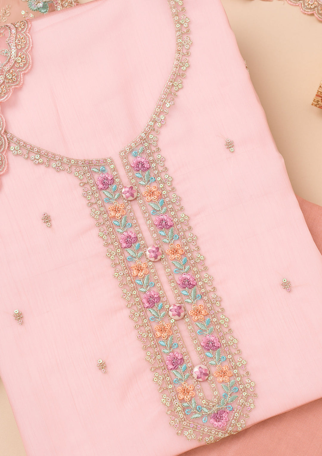 Onion Pink Threadwork Organza Unstitched Salwar Suit