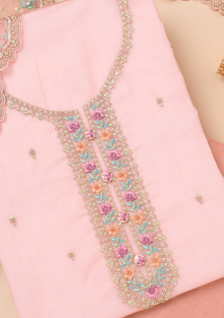 Onion Pink Threadwork Organza Unstitched Salwar Suit
