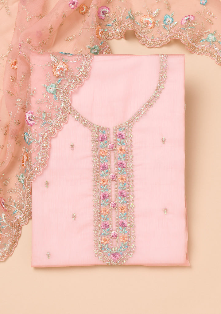 Onion Pink Threadwork Organza Unstitched Salwar Suit