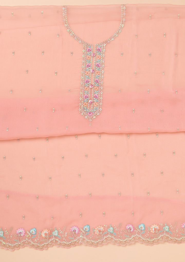 Onion Pink Threadwork Organza Unstitched Salwar Suit