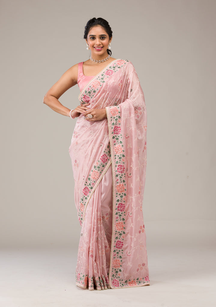 Onion Pink Threadwork Organza Saree