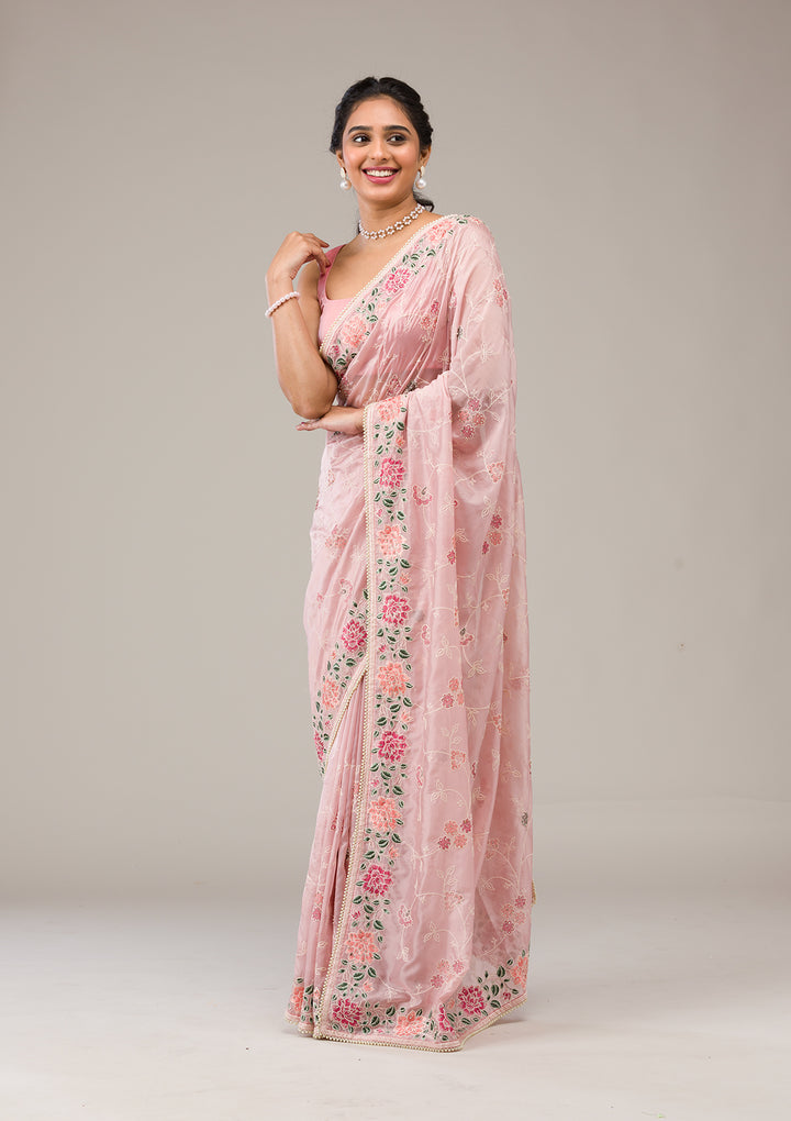 Onion Pink Threadwork Organza Saree