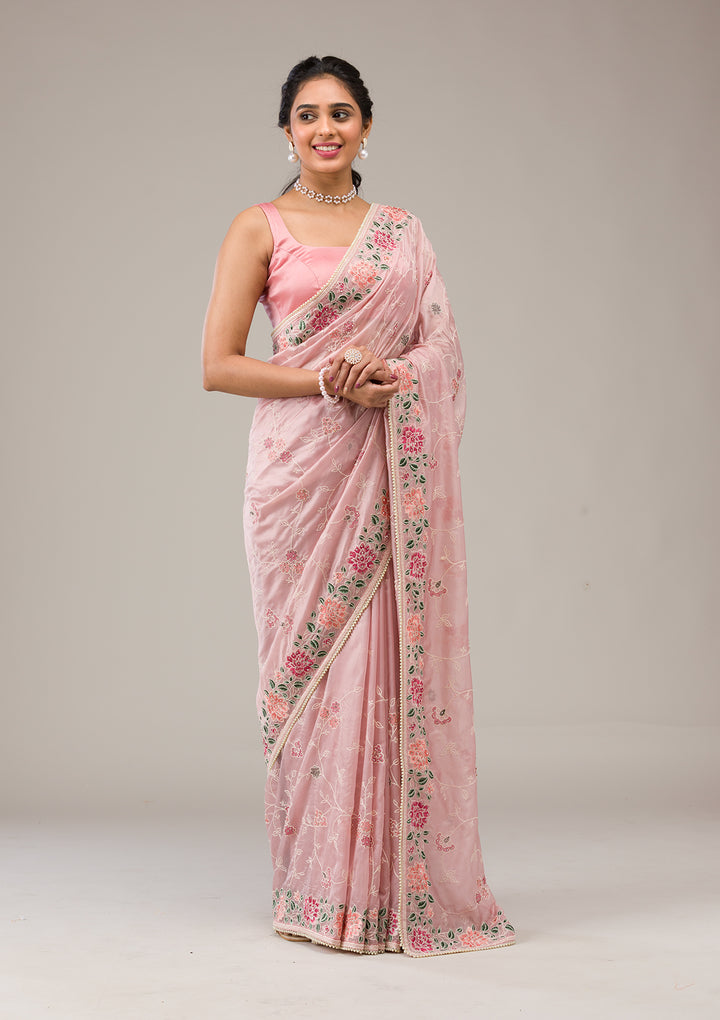 Onion Pink Threadwork Organza Saree