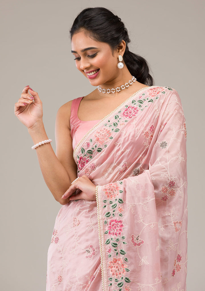 Onion Pink Threadwork Organza Saree