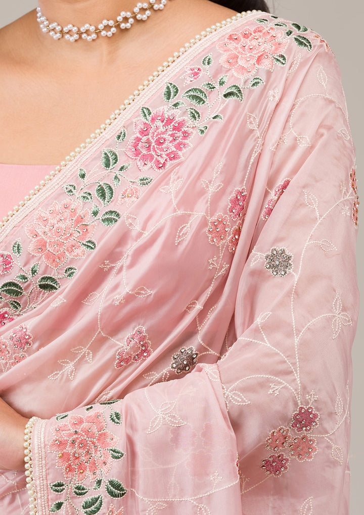 Onion Pink Threadwork Organza Saree