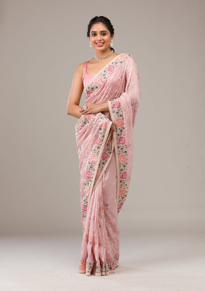 Onion Pink Threadwork Organza Saree