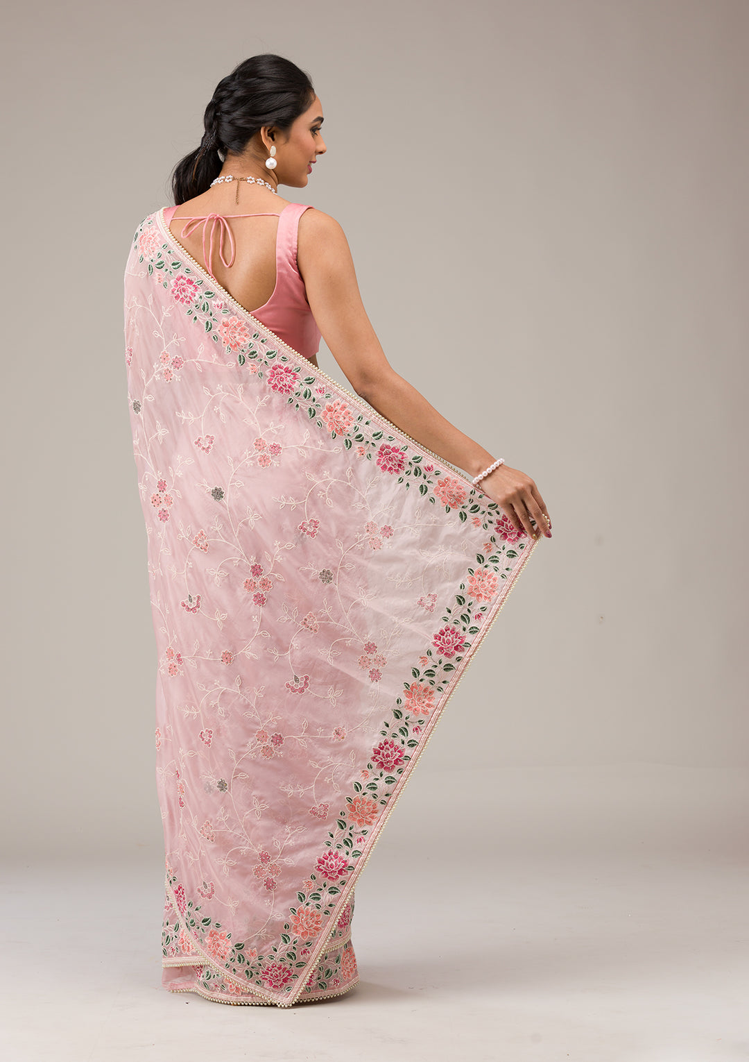 Onion Pink Threadwork Organza Saree