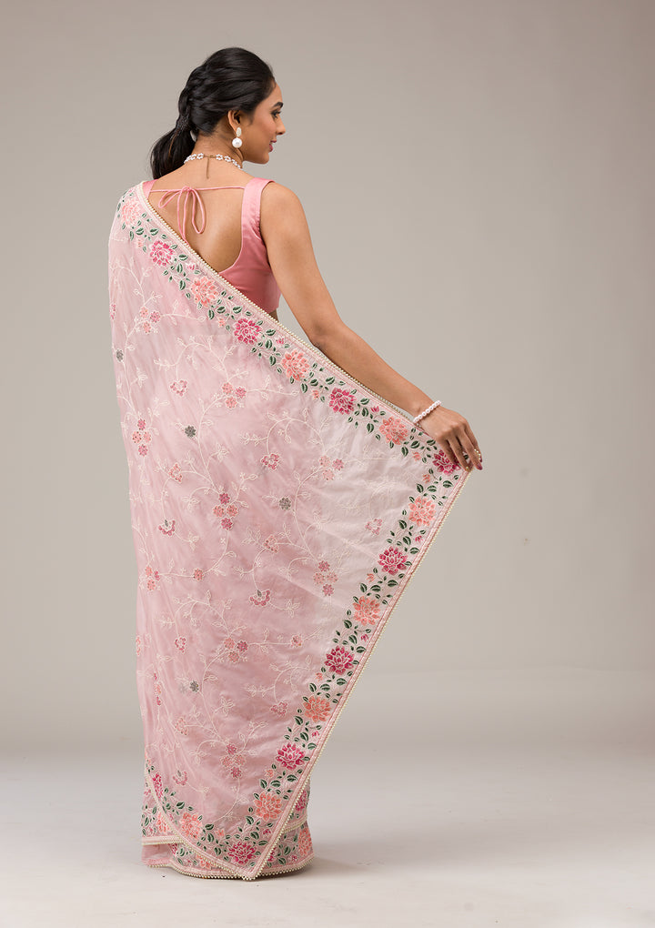 Onion Pink Threadwork Organza Saree