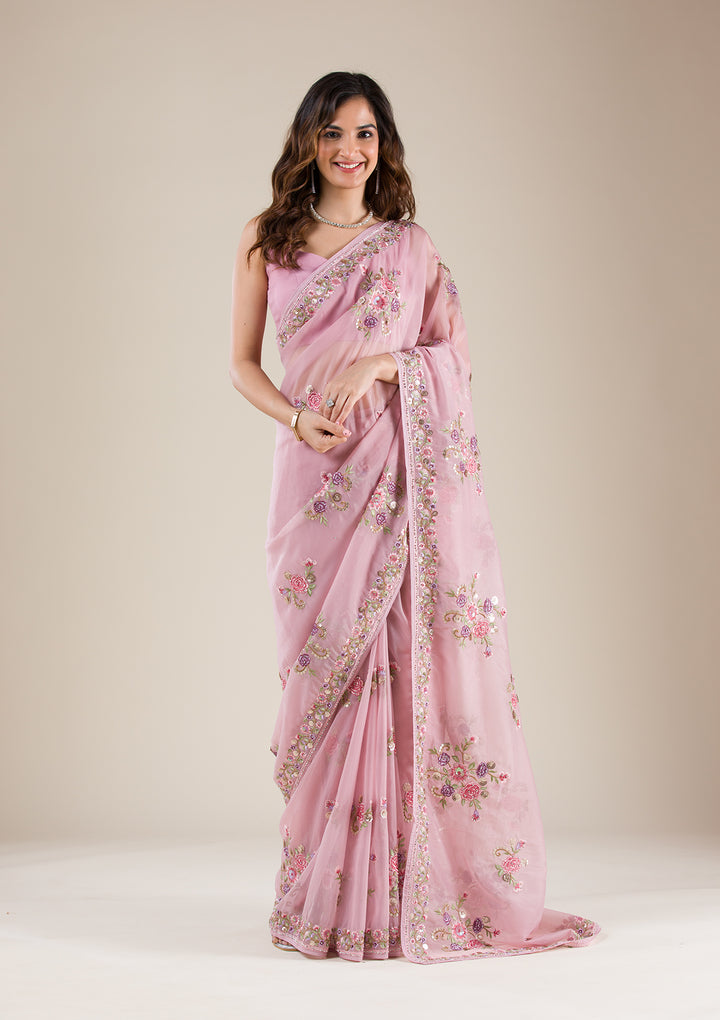 Onion Pink Threadwork Organza Saree