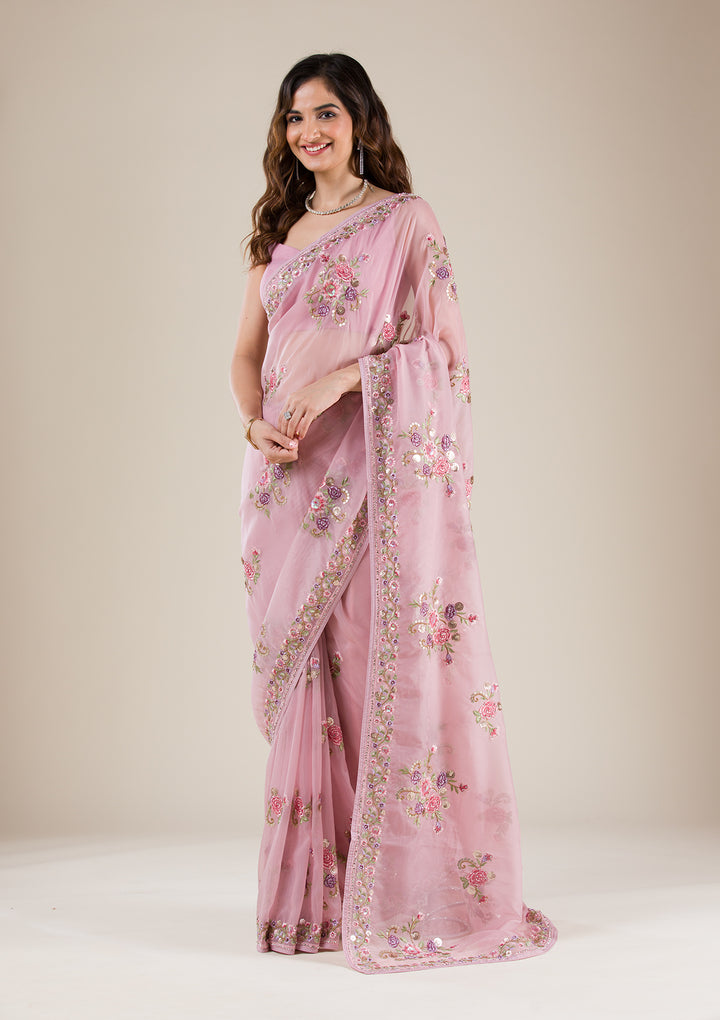 Onion Pink Threadwork Organza Saree