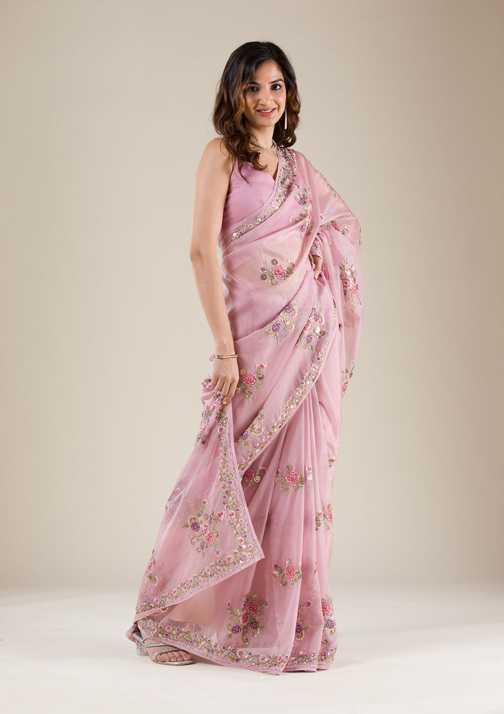 Onion Pink Threadwork Organza Saree