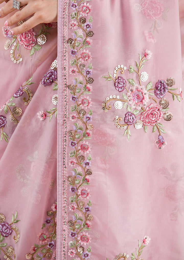 Onion Pink Threadwork Organza Saree