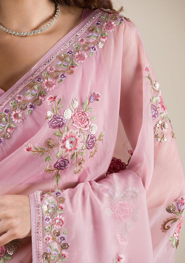 Onion Pink Threadwork Organza Saree