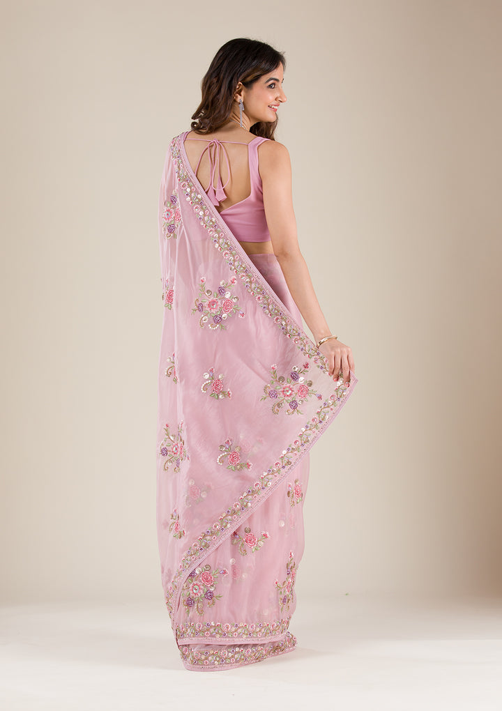 Onion Pink Threadwork Organza Saree