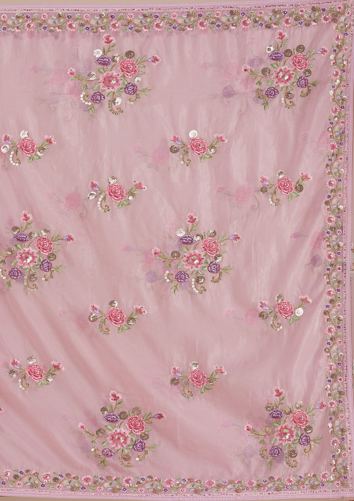 Onion Pink Threadwork Organza Saree