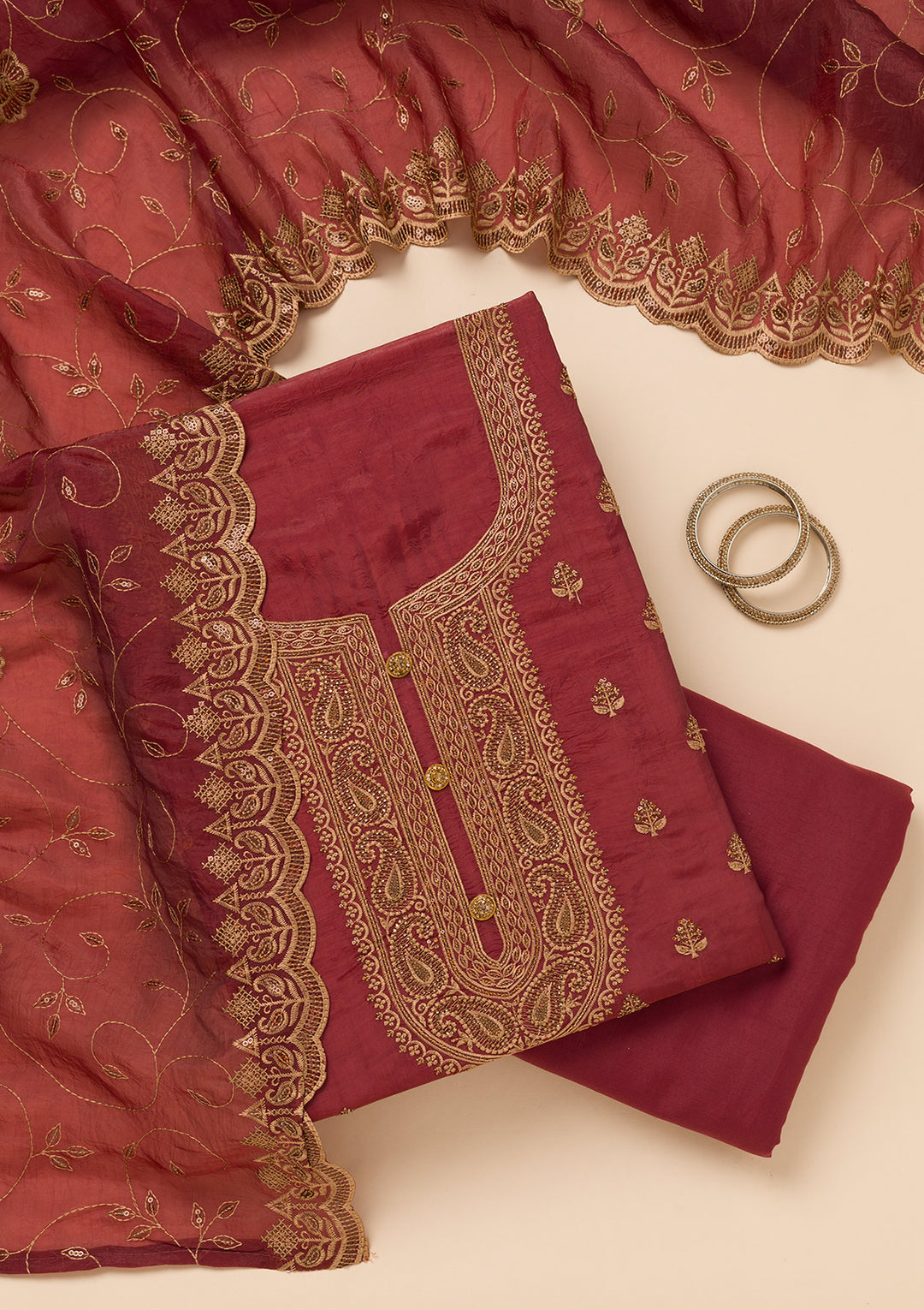 Onion Pink Threadwork Raw Silk Unstitched Salwar Suit