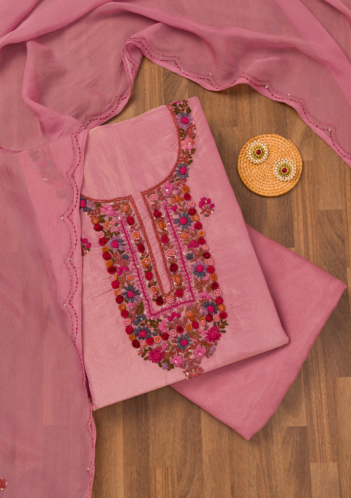 Onion Pink Threadwork Semi Crepe Unstitched Salwar Suit