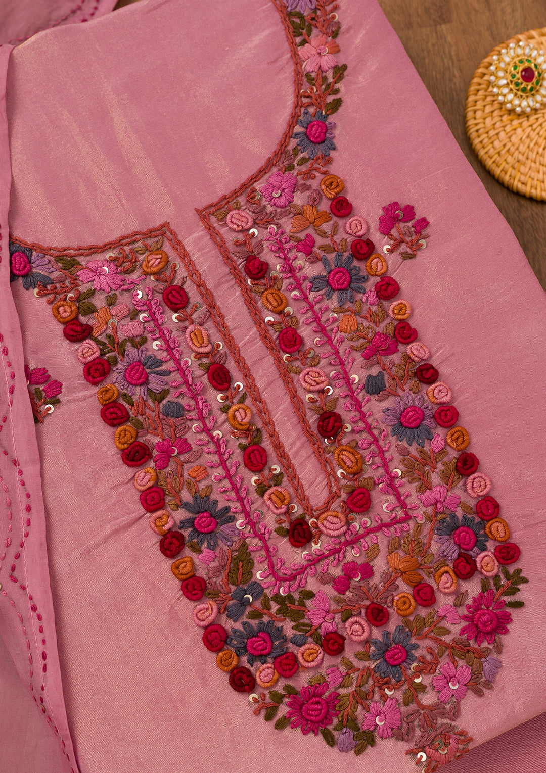 Onion Pink Threadwork Semi Crepe Unstitched Salwar Suit